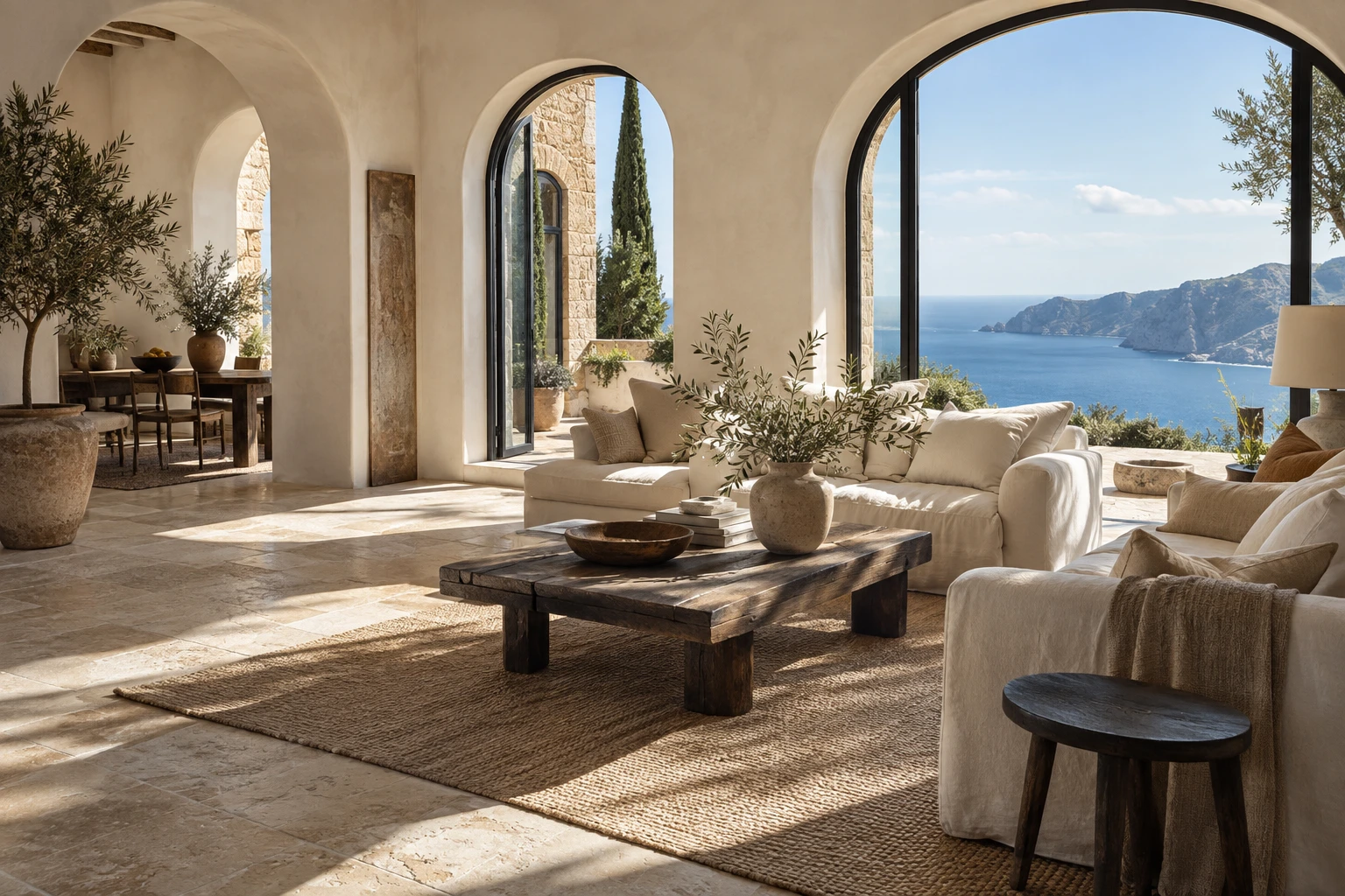 Design concept of a coastal retreat with arched windows, sculptural seating and sea views
