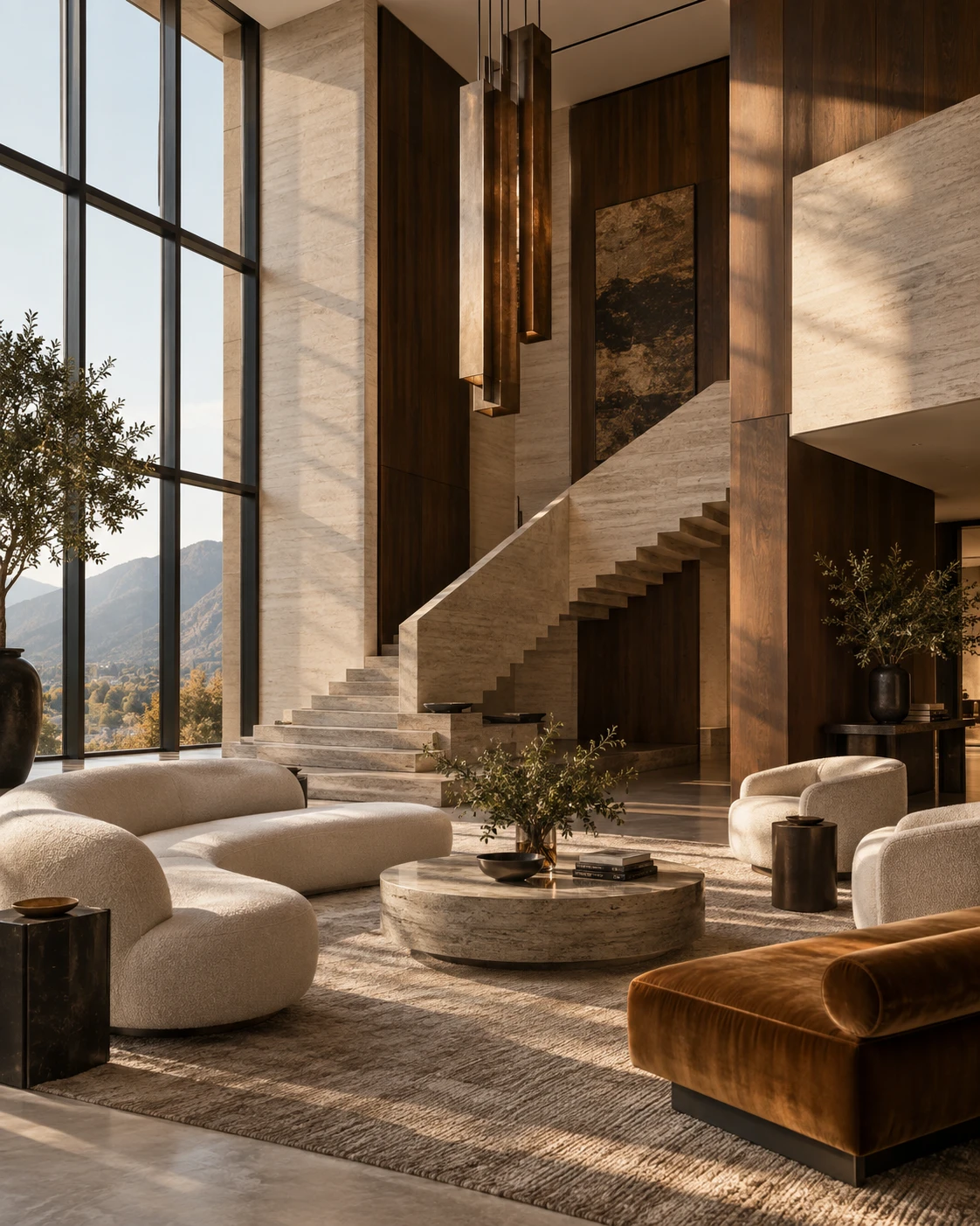 Design concept of a majestic double-height salon with a travertine staircase, bronze pendants, walnut walls and mountain views
