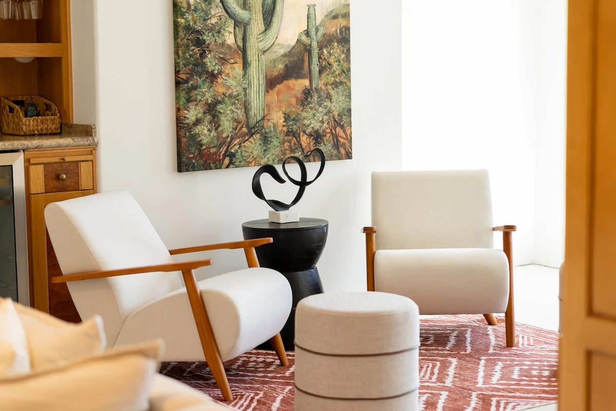 A quiet reading corner with sculptural seating in our Manhattan Beach residence